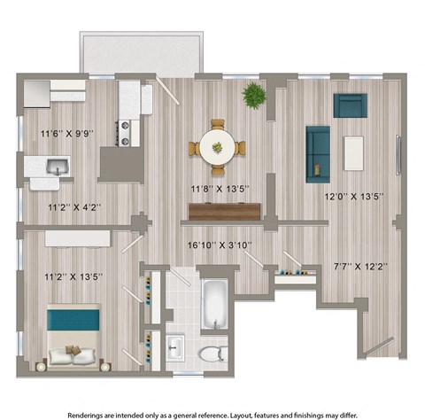 Floor plan for 1 bed, 1 bath, 980 sqft